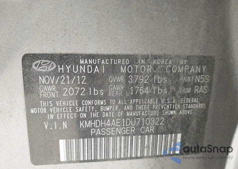 2013 Hyundai Elantra Gls из США, поврежденный, VIN KMHDH4AE1DU710322